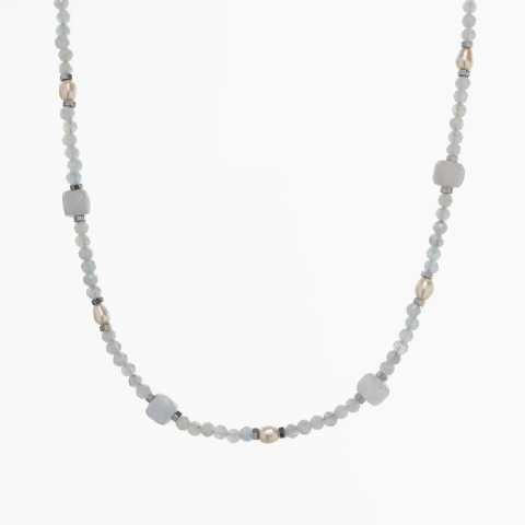 Coliere dama - Colier argint pietre semipretioase acvamarin microfatetat 2 mm cubulete din calcedonie, perlute de cultura si accente din hematit lungime 42 cm