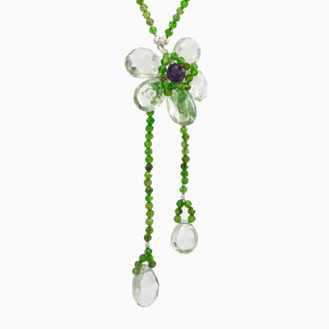 Colier argint pietre semipretioase cromdiopsid microfatetat 2,5 mm cu floare din briolete de ametist verde lungime 49 cm [1]