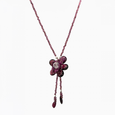 Colectia Stone Flowers - Colier argint pietre semipretioase granat microfatetat 2.5 mm floare din briolete de granat lungime 50 cm
