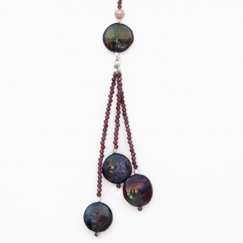 Colier argint pietre semipretioase granat microfatetat 2.5 mm perle de cultura discuri de 14 mm lungime reglabila [1]