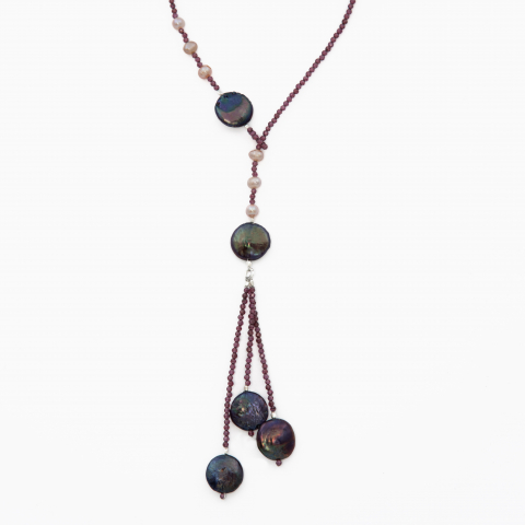 Coliere dama - Colier argint pietre semipretioase granat microfatetat 2.5 mm perle de cultura discuri de 14 mm lungime reglabila