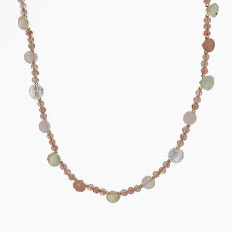 Coliere dama - Colier argint pietre semipretioase microfatetate piatra soarelui de 3.5 mm, briolete din cuart roz, Cristal de stanca, prehnit, piatra lunii lungime 36 cm