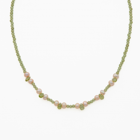 Coliere dama - Colier argint pietre semipretioase peridot microfatetat 3 mm cu briolete din peridot si perle de cultura lungime 42 cm