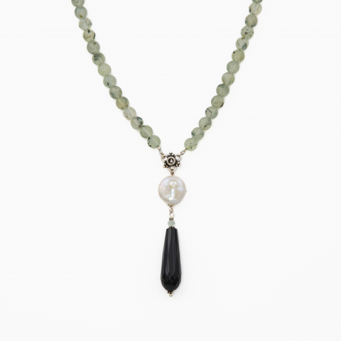 Coliere dama - Colier argint pietre semipretioase prehnit 5 mm, onix si perla naturala  lungime 58 cm