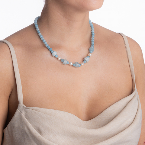 Colier argint pietre semipretioase rotunde angelit 6 mm,  discuri de 11 mm si perle de cultua lungime 42 cm [2]