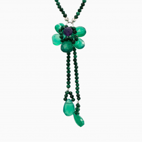 Colier argint pietre semipretioase malachit microfatetat 2,5 mm floare din briolete de onix verde lungime 49 cm [1]