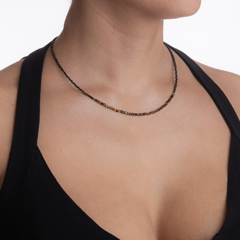 Colier argint pietre semipretioase spinel negru 2,5 mm si cubulete din ochi de tigru lungime 41 cm [3]