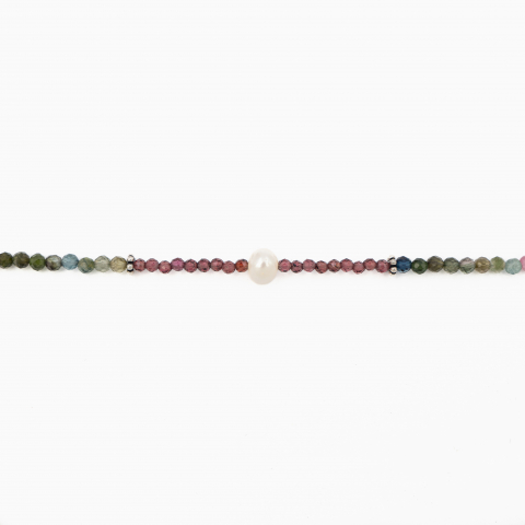 Colier argint pietre semipretioase turmalina multicolora si roz 2-3 mm cu perla de cultura lungime 42 cm [1]