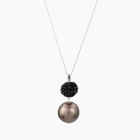 Oversized Finesse Collection - Colier pandantiv argint pietre semipretioase bila spinel negru 16 mm, bila bronz tip perla Japonia 25 mm