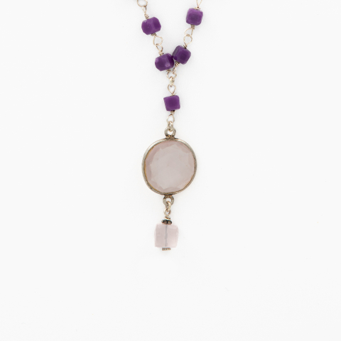 Lantisor din argint piatra semipretioasa jad mov cubulete 4.5 mm si cuart roz lungime 42 cm [1]