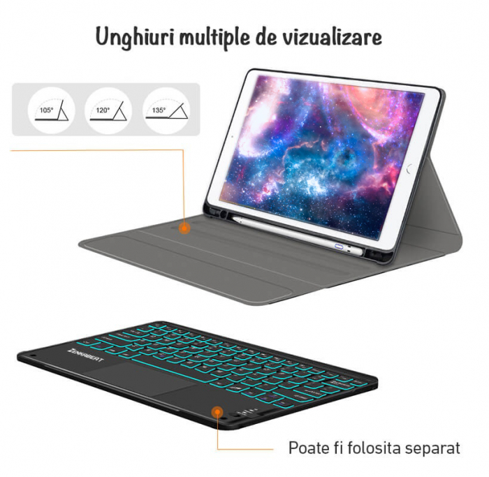 Tastatura Universala Wireless ZENKABEAT cu Touchpad si Husa de Piele pentru iPad Pro 2018, 2020, 2021, 12.9'', Lumina 7 culori, Suport Apple Pencil [3]
