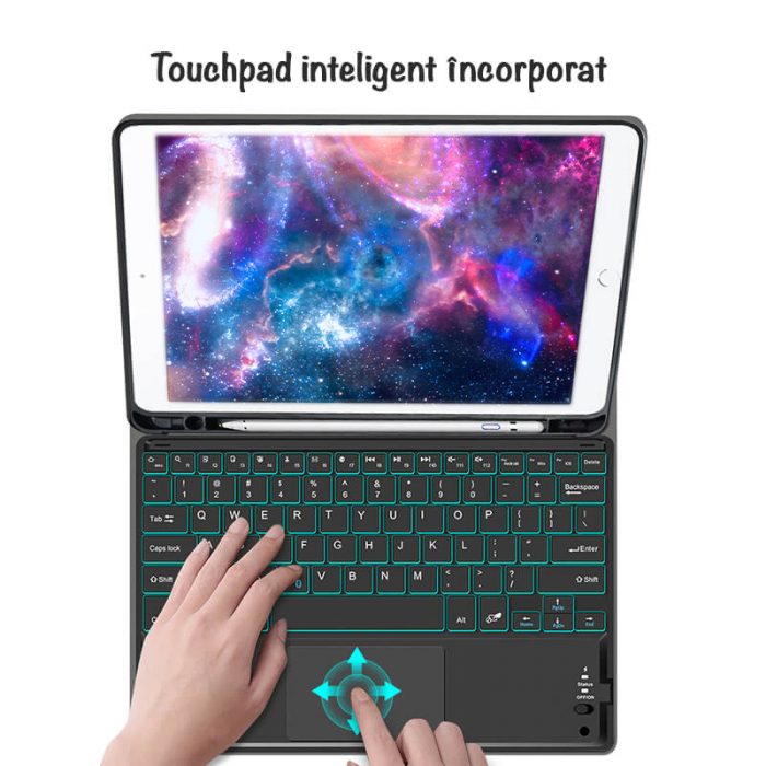 Tastatura Wireless ZENKABEAT cu Touchpad si Husa de Piele pentru iPad Pro 2018,20,21,22,Gen 12.9'', Lumina 7 culori, Suport Apple Pencil [4]