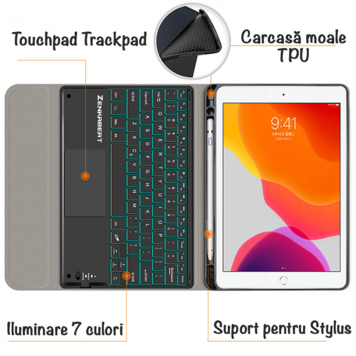 RESIGILAT - Tastatura Universala Wireless ZENKABEAT cu Touchpad si Husa de piele pentru iPad 7 Gen,8 Gen,9 Gen, 10.2”, Baterie reincarcabila de 500mAh [4]