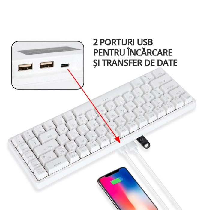 RESIGILAT - Tastatura Mecanica ZENKABEAT Wireless/ Fir , Bluetooth, RGB, Hot Swap, 68 Taste,Type C to USB 3.0, Baterie 3150 mAh, Red Switches, Alba [2]