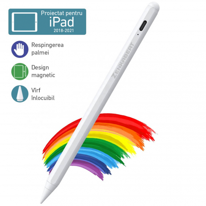 RESIGILAT - Stylus iPad Touch Pen ZENKABEAT 2nd Gen, Functie TILT, Touch Control, Fara Lag, Functie de Respingere a Palmei, Design Magnetic, Alb [4]