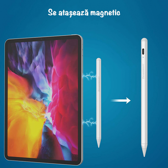 RESIGILAT - Stylus iPad Touch Pen ZENKABEAT 2nd Gen, Functie TILT, Touch Control, Fara Lag, Functie de Respingere a Palmei, Design Magnetic, Alb [7]