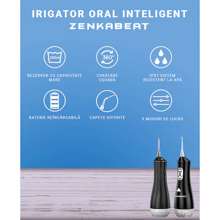Irigator Oral Profesional ZENKABEAT Portabil pentru Dus Bucal, 9 Programe de Lucru, 1800 Impulsuri, 10 Capete, Rezervor 320ml, IPX7 Waterproof,Negru [7]