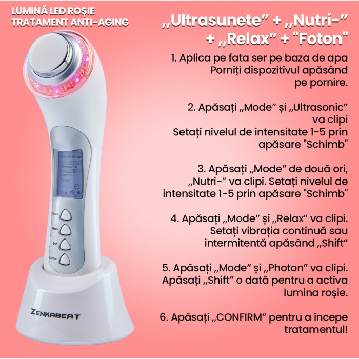 Aparat profesional pentru Tratament curatare faciala completa, Zenkabeat 10T-Plus, Dispozitiv masaj facial, Anti rid, anti imbatranire, Functie tratare acnee si cosuri, Ioni Negativi-pozitivi [8]