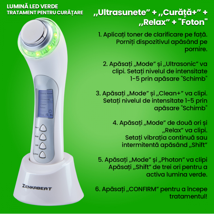 Aparat profesional pentru Tratament curatare faciala completa, Zenkabeat 10T-Plus, Dispozitiv masaj facial, Anti rid, anti imbatranire, Functie tratare acnee si cosuri, Ioni Negativi-pozitivi [9]