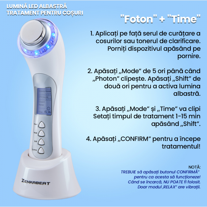Aparat profesional pentru Tratament curatare faciala completa, Zenkabeat 10T-Plus, Dispozitiv masaj facial, Anti rid, anti imbatranire, Functie tratare acnee si cosuri, Ioni Negativi-pozitivi [7]