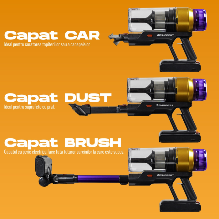 Aspirator vertical fara fir Zenkabeat XC400, 2in1: 400W Brushless, Baterie 17600 Mah, acumulator Li 29.6V, autonomie pana la 50 min, aspirator vertical sau de mana, Tub extensibil, Perie Led, rezervor [5]
