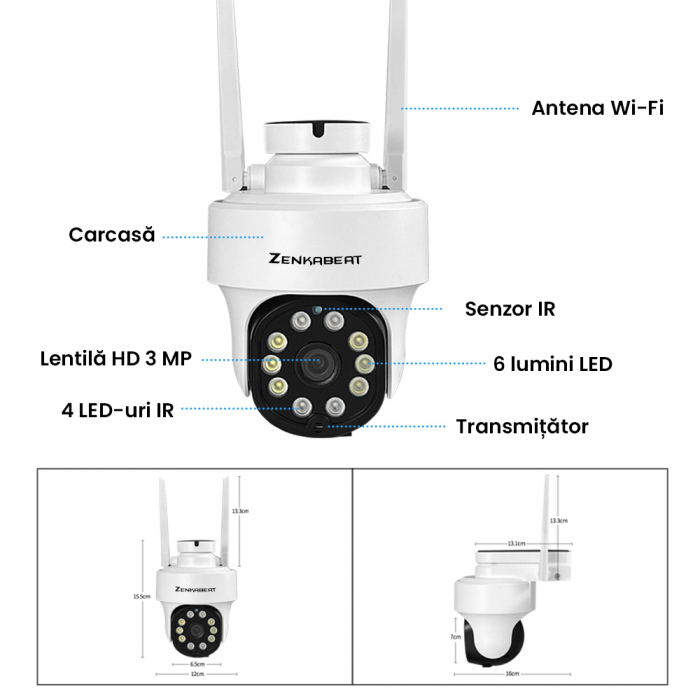 Camera de supraveghere WIFi Zenkabeat Q10 Plus, 5MP Full HD, CCTV, senzori smart miscare, comunicare bidirectionala, functie rotire, Alba [2]