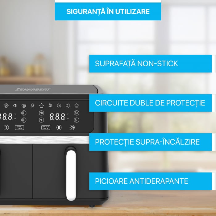 Friteuza cu aer Zenkabeat V2 Ultimate Dual-Pot Airfryer, 2400W, capacitate 9L, 11 programe presetate, Tehnologie Deep-Fry, temperatura ajustabila 80-200°C, timer 0-60 minute, poturi detasabile, displa [7]