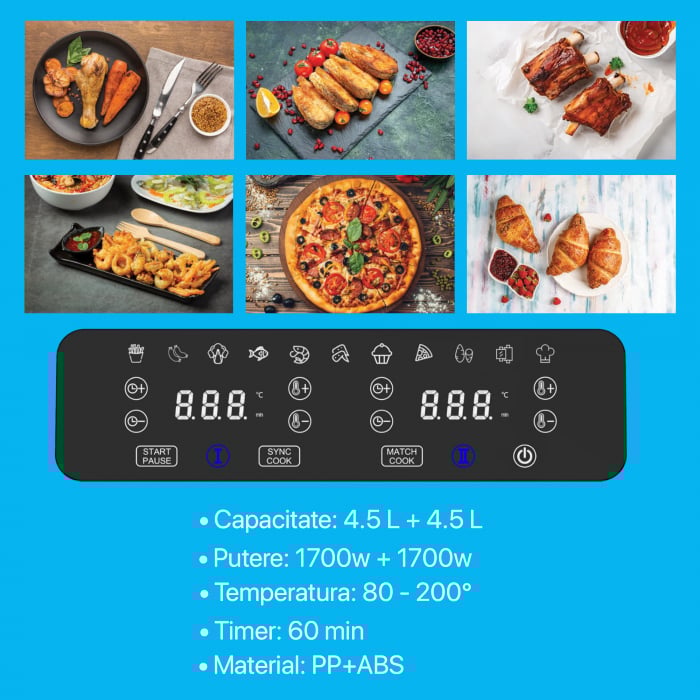 Friteuza cu aer Zenkabeat V2 Ultimate Dual-Pot Airfryer, 2400W, capacitate 9L, 11 programe presetate, Tehnologie Deep-Fry, temperatura ajustabila 80-200°C, timer 0-60 minute, poturi detasabile, displa [3]