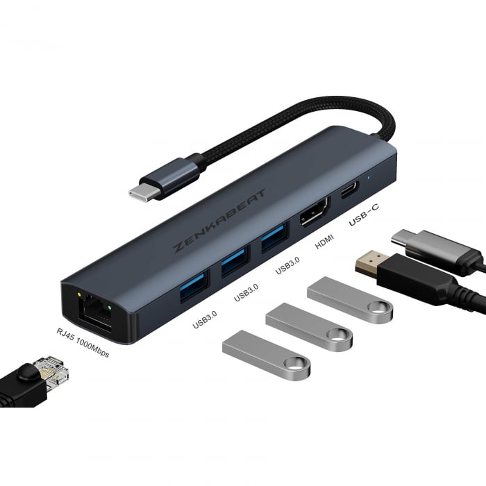 Hub Adaptor Type-C Pro6 Zenkabeat 6-1, 3x USB, 1x HDMI, 1x Type C, Port Internet 1000 Mbps, Negru [2]
