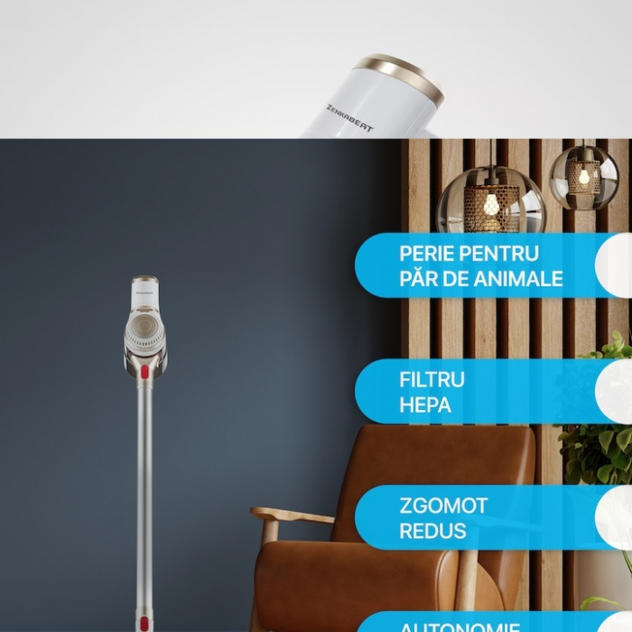 Resigilat Aspirator vertical fara fir 2n1 Zenkabeat X-89 V2 Max, 2x filtru true-hepa,18-28 KPA 220W, functie Turbo, autonomie pana la 45min, Perie Led si Electrica, Baterie 15000 Mah Alb [5]