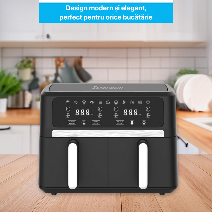 Resigilat Friteuza cu aer Zenkabeat V2 Ultimate Dual-Pot Airfryer, 2400W, capacitate 9L, 11 programe presetate, Tehnologie Deep-Fry, temperatura ajustabila 80-200°C, timer 0-60 minute, poturi detasabi [4]