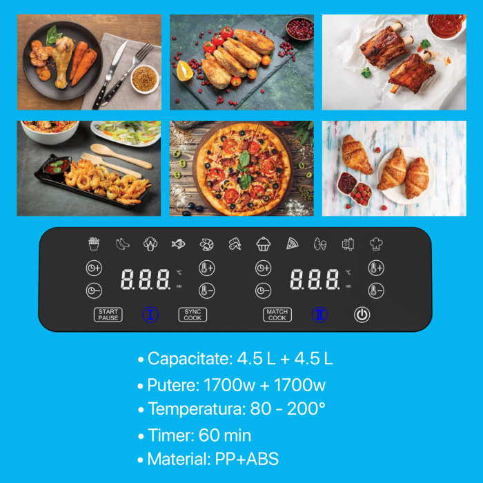 Resigilat Friteuza cu aer Zenkabeat V2 Ultimate Dual-Pot Airfryer, 2400W, capacitate 9L, 11 programe presetate, Tehnologie Deep-Fry, temperatura ajustabila 80-200°C, timer 0-60 minute, poturi detasabi [3]