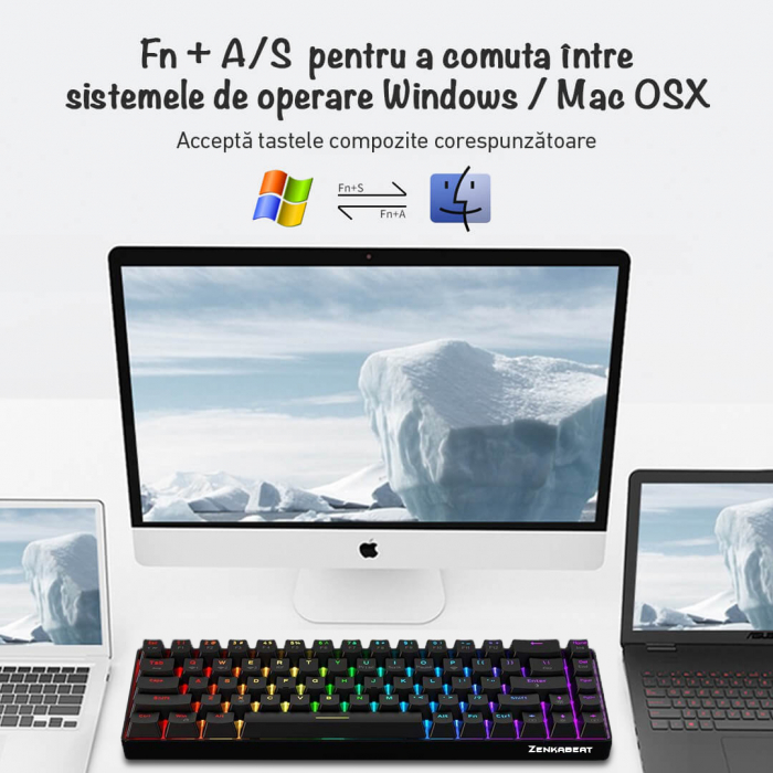 Resigilat - Tastatura Mecanica Wireless/ Fir ZENKABEAT,Bluetooth, RGB, 68 Taste, Functie Hot-Swap, SoftRGB, Baterie 3150 mAh, Red Switches, Neagra [2]