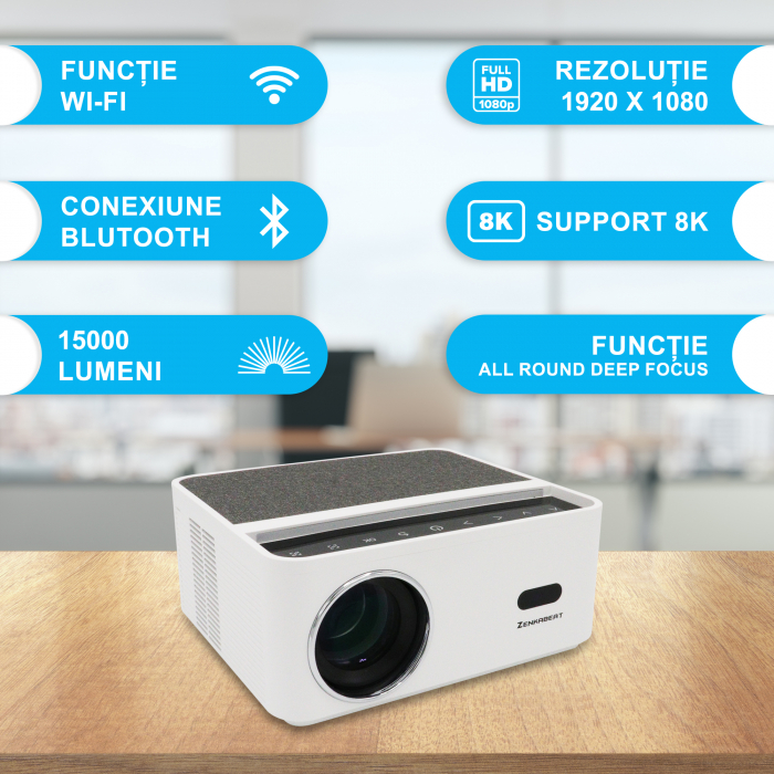 Resigilat Videoproiector ZENKABEAT ZK8320-Ultra, Android WiFi, Bluetooth, 15000 Lumeni, Portabil, Rezolutie 1920 x 1080 Full HD, Support 8K, LED, HDMI, VGA, AV, USB, Audio [3]
