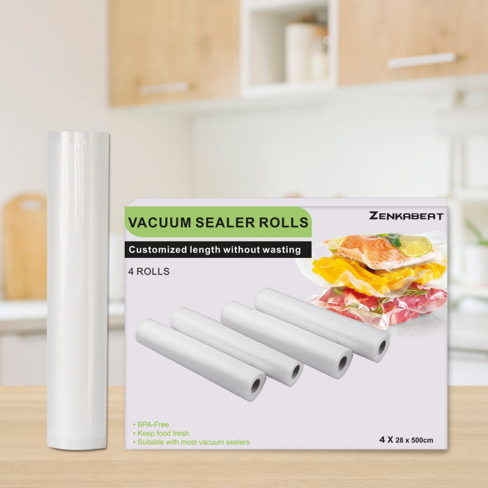 Set 4 role folie profesionala ZKB EasyVac Premium-Q pentru aparate de vidat alimente, universale gofrate, rezistente, fara BPA, compatibilitate universala, 28 x 500, Transparent, Alb [3]