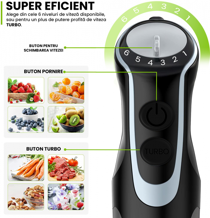 Set Blender 4 in 1 Zenkabeat B23 cu putere 1000W, Mixer vertical profesional, 6 trepte de viteza si functie Turbo, Multifunctional, Negru [4]