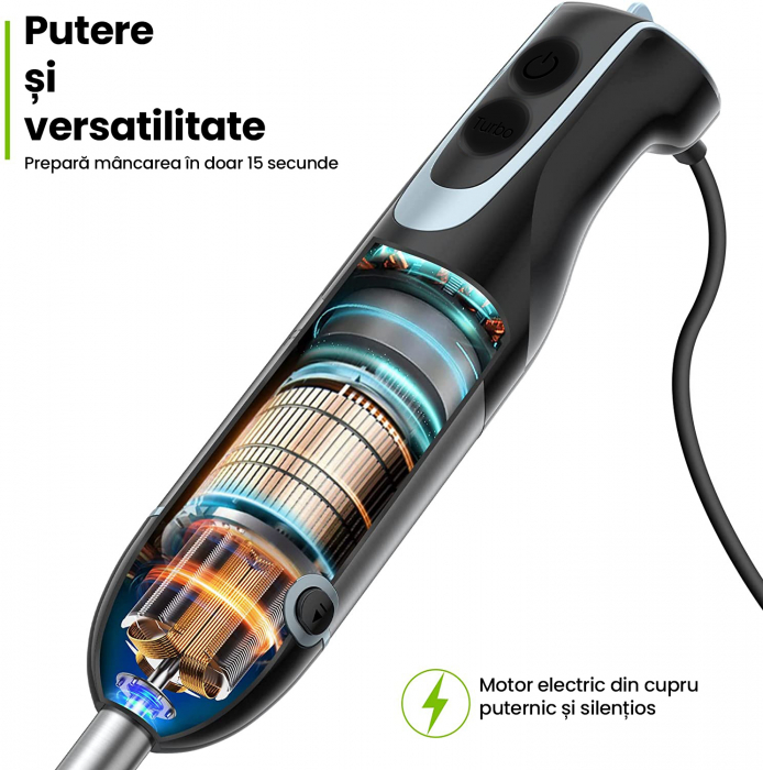 Set Blender 4 in 1 Zenkabeat B23 cu putere 1000W, Mixer vertical profesional, 6 trepte de viteza si functie Turbo, Multifunctional, Negru [3]