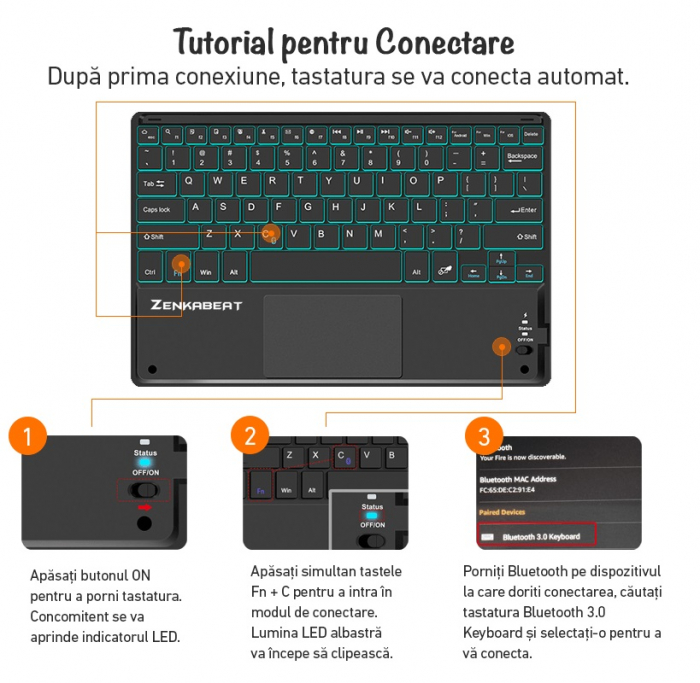 Tastatura Wireless cu Touchpad ZENKABEAT si Husa de piele pentru iPad 10th Generation 2022,10.9”, Baterie reincarcabila de 500mAh, Suport Apple Pencil/ Stylus Pen, Neagra [3]