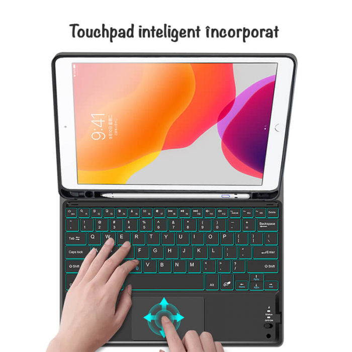 Tastatura Wireless cu Touchpad ZENKABEAT si Husa de piele pentru iPad 10th Generation 2022,10.9”, Baterie reincarcabila de 500mAh, Suport Apple Pencil/ Stylus Pen, Neagra [5]