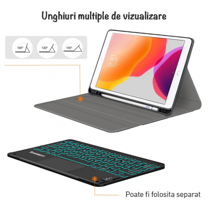 Tastatura Wireless cu Touchpad ZENKABEAT si Husa de piele pentru iPad 10th Generation 2022,10.9”, Baterie reincarcabila de 500mAh, Suport Apple Pencil/ Stylus Pen, Neagra [4]
