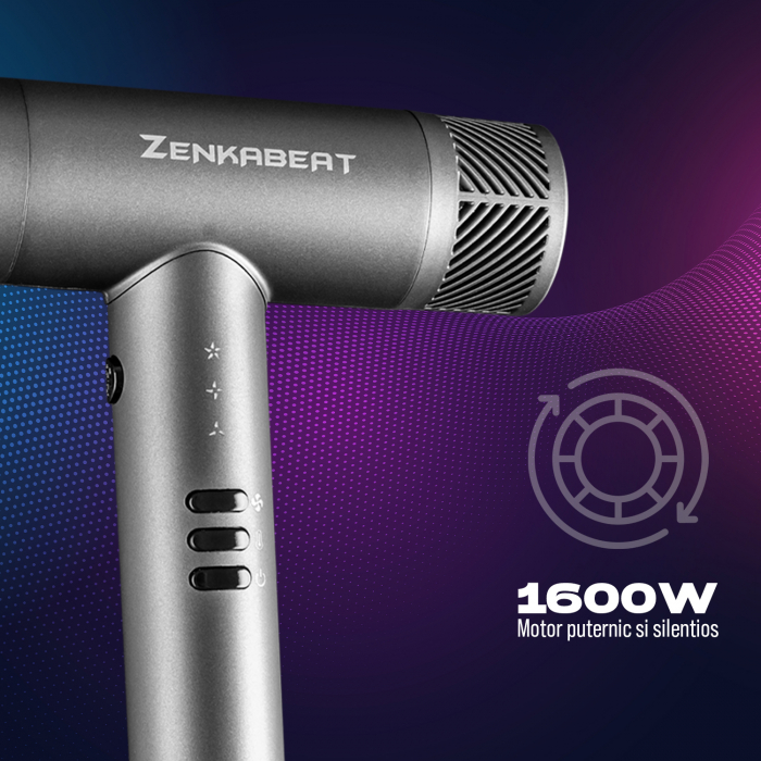 Uscator de par profesional, Zenkabeat HD-1B Putere de 1600W, Feon, Motor Brushless, 1Bilion de Ioni Negativi, 3 trepte de temperatura 3 intensitati, 3 accesorii incluse – un difuzor si doua concentrat [5]