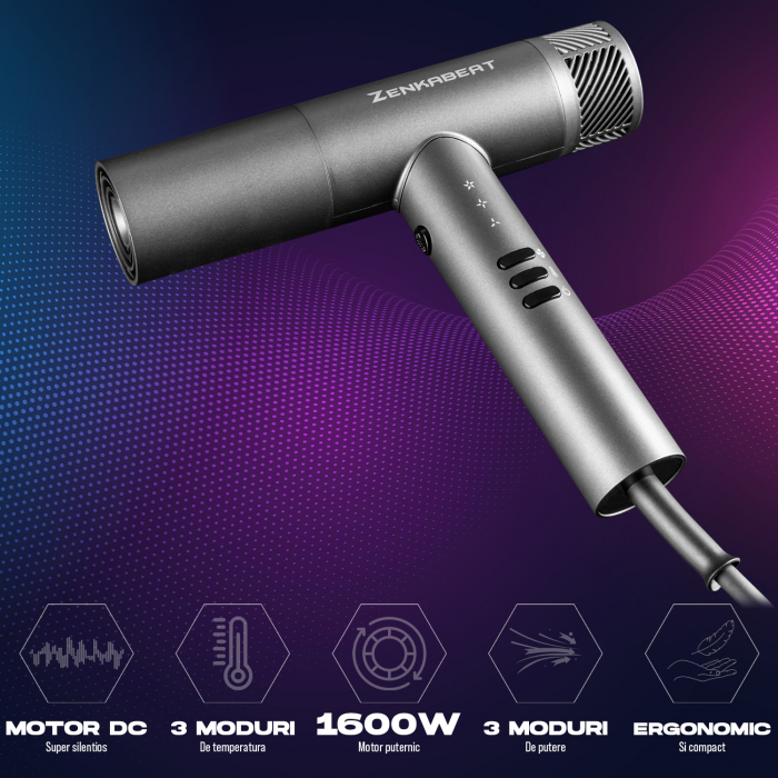 Uscator de par profesional, Zenkabeat HD-1B Putere de 1600W, Feon, Motor Brushless, 1Bilion de Ioni Negativi, 3 trepte de temperatura 3 intensitati, 3 accesorii incluse – un difuzor si doua concentrat [6]