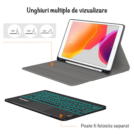 Tastatura Universala Wireless ZENKABEAT cu Touchpad si Husa de piele pentru iPad 7th Gen 2019, 8th Gen 2020, 9th Gen 2021,10.2” Baterie 500mAh [1]
