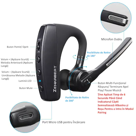 Casca Wireless ZENKABEAT K18, Bluetooth 5.0, Handsfree, Sunet HD, 2 Microfoane, Eliminare zgomot ambiental, Multipoint [1]