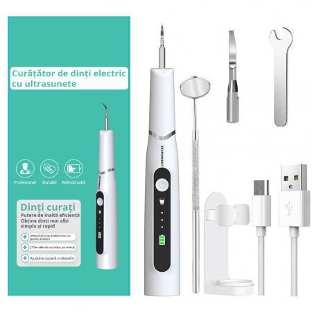 Dispozitiv pentru Curatarea Dintilor ZENKABEAT , Eliminare Tartru, Baterie 500 mAh, 3 Moduri de Lucru, Incarcare USB, Silentios, Alb [3]