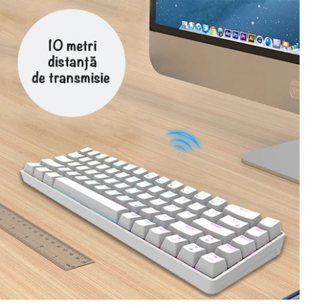 RESIGILAT - Tastatura Mecanica ZENKABEAT Wireless/ Fir , Bluetooth, RGB, Hot Swap, 68 Taste,Type C to USB 3.0, Baterie 3150 mAh, Red Switches, Alba [4]