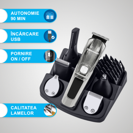 Aparat de tuns si ras profesional Zenkabeat MK-S900 Premier, Multifunctional All-in-One 11in1, pentru par, barba, nas, inghinal si corp, 8800 rpm, Tehnologie Sharp-Cut, 2 Trepte de viteza [1]