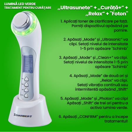 Aparat profesional pentru Tratament curatare faciala completa, Zenkabeat 10T-Plus, Dispozitiv masaj facial, Anti rid, anti imbatranire, Functie tratare acnee si cosuri, Ioni Negativi-pozitivi [8]