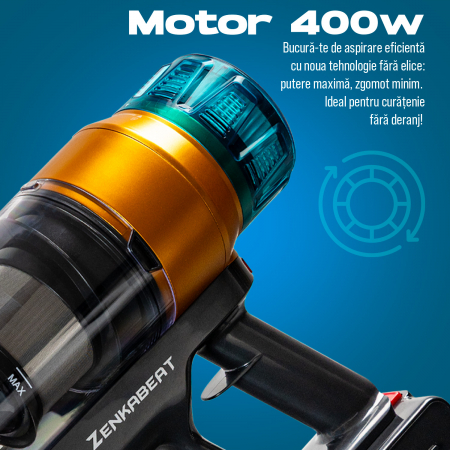 Aspirator vertical fara fir Zenkabeat XC400, 2in1: aspirator vertical sau de mana, Tub extensibil, acumulator Li 29.6V, 400W Brushless, autonomie pana la 60 min, Baterie 17600 Mah, Perie Led, rezervor [7]