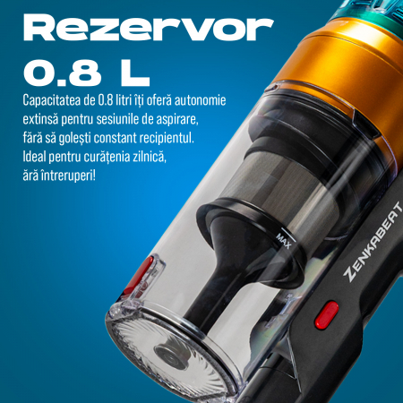 Aspirator vertical fara fir Zenkabeat XC400, 2in1: aspirator vertical sau de mana, Tub extensibil, acumulator Li 29.6V, 400W Brushless, autonomie pana la 60 min, Baterie 17600 Mah, Perie Led, rezervor [8]